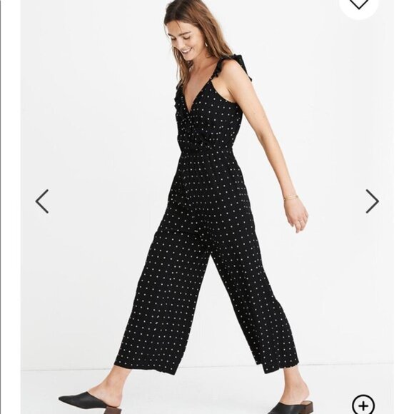 Madewell Black Ruffle Front Wrap Jumpsuit in Grid Dot - Picture 1 of 11